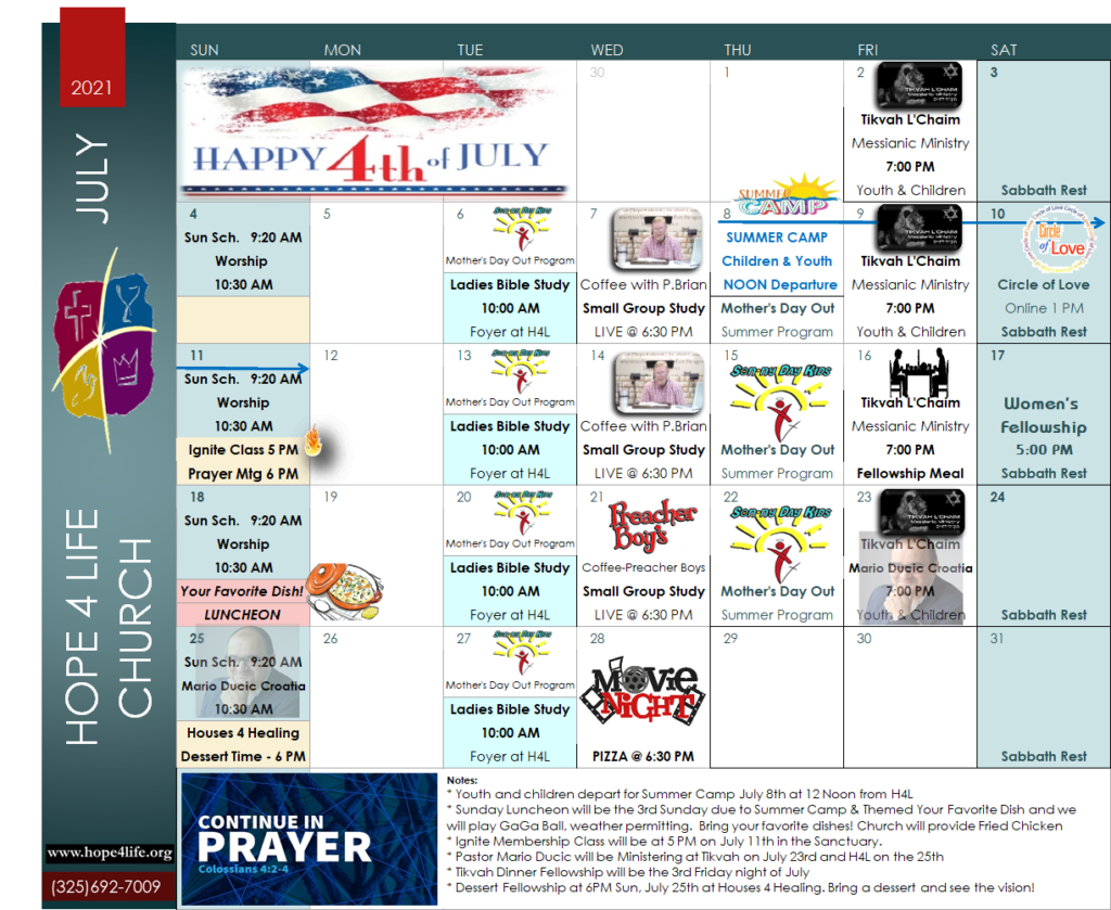 Calendar Hope 4 Life Church